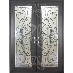 Double entryway doors with a thick iron and steel frame and a full pane of glass behind intricate iron detailing.