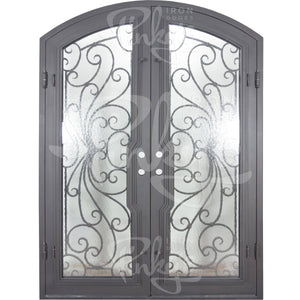 Double entryway doors with a thick iron and steel frame and a full pane of glass on each door behind intricate iron detailing. Doors are thermally broken to protect from extreme weather. 