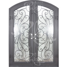 Load image into Gallery viewer, Double entryway doors with a thick iron and steel frame and a full pane of glass behind intricate iron detailing.