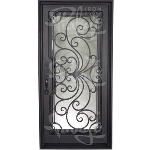 Single entryway door with a thick iron and steel frame and a full pane of glass behind intricate iron detailing. Door has a slight arch and is thermally broken to protect from extreme weather. 
