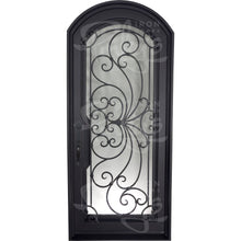 Load image into Gallery viewer, Single entryway door with a thick iron and steel frame and a full pane of glass behind intricate iron detailing. Door has a slight arch and is thermally broken to protect from extreme weather. 