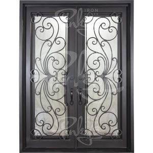 Double entryway doors with a thick iron and steel frame and a full pane of glass behind intricate iron detailing.