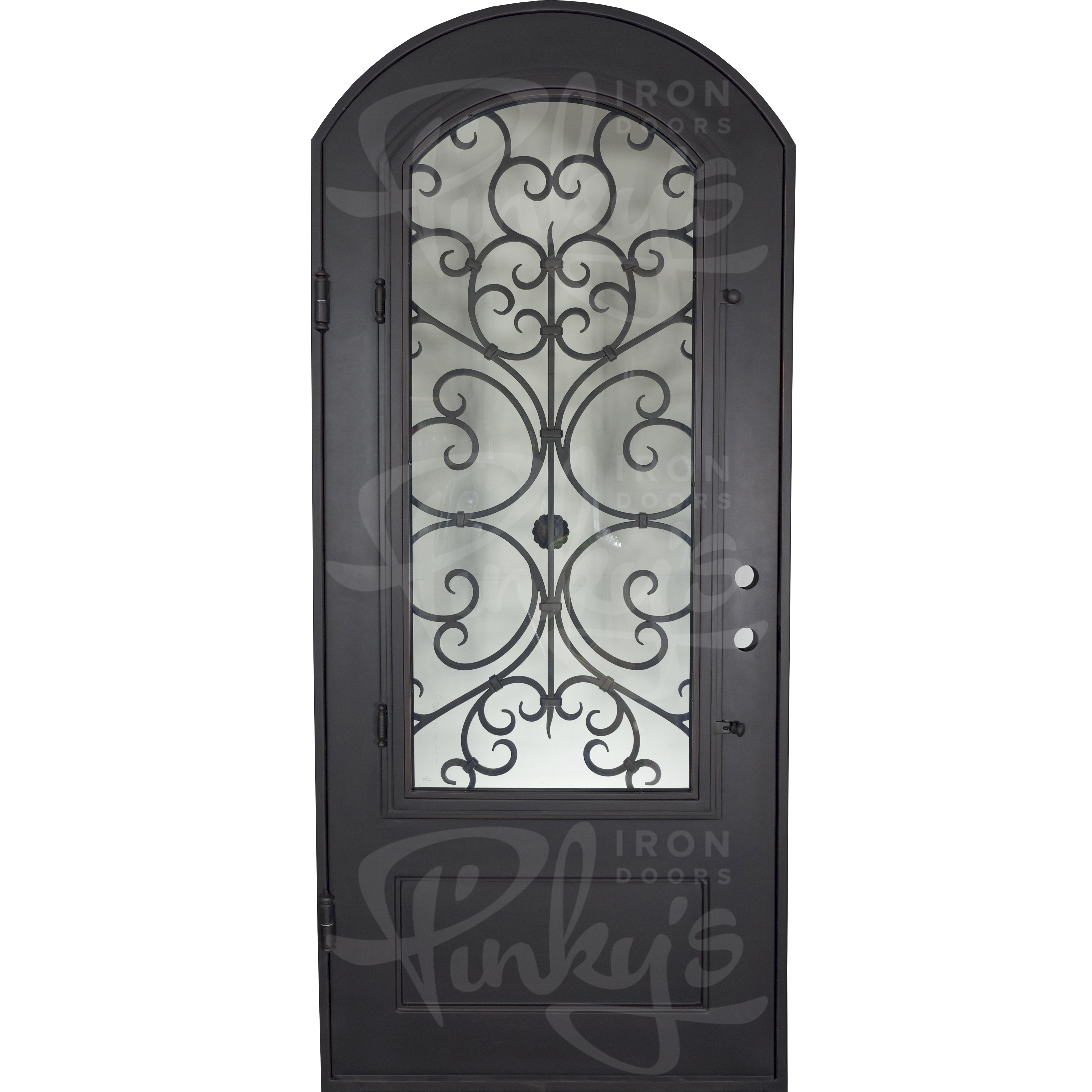 Night bronze color iron single arch top door with energy efficient glass.