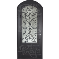 Single entryway door with a thick iron frame and intricate iron detailing behind a 3/4 pane of glass. Door features a slight arch and is thermally broken to protect from extreme weather.
