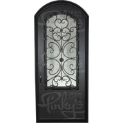 Night arch top single swing door with decorative ironwork for cold climates.