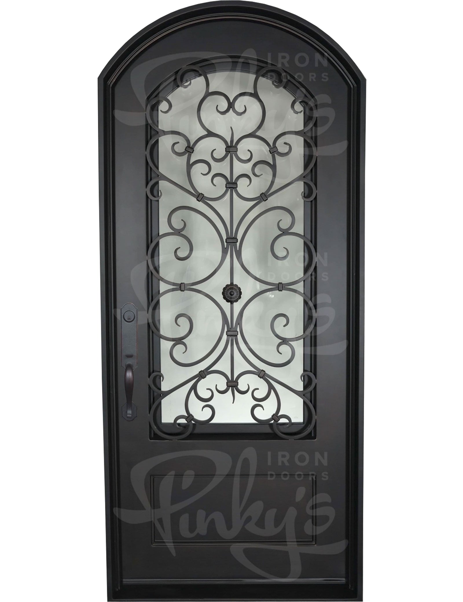 Night arch top single swing door with decorative ironwork for cold climates.