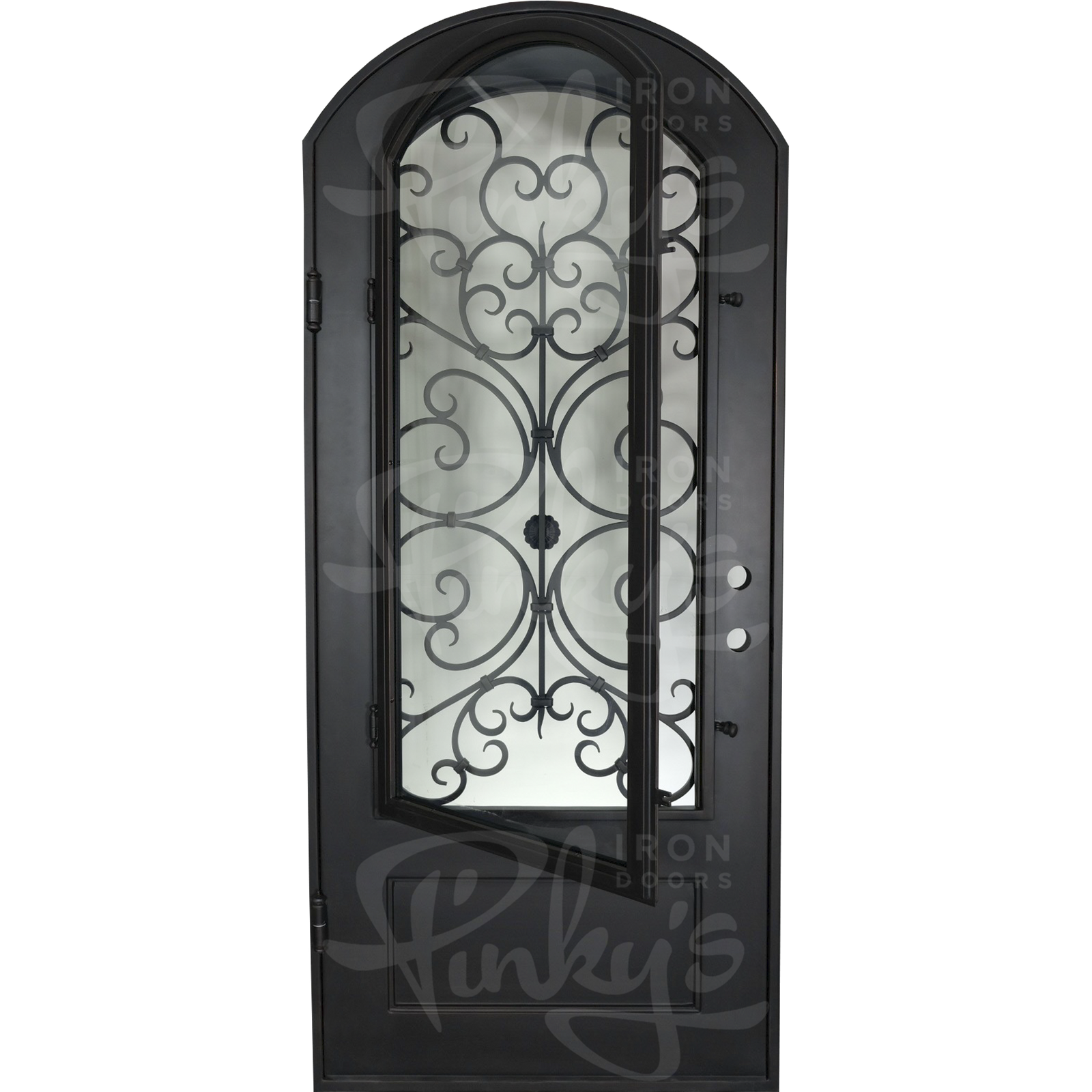 Night single eyebrow arch top front door with dual-pane glass and scrollwork in black.