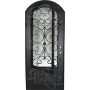 Night soft arch top swinging door with ornate metalwork for cold weather.