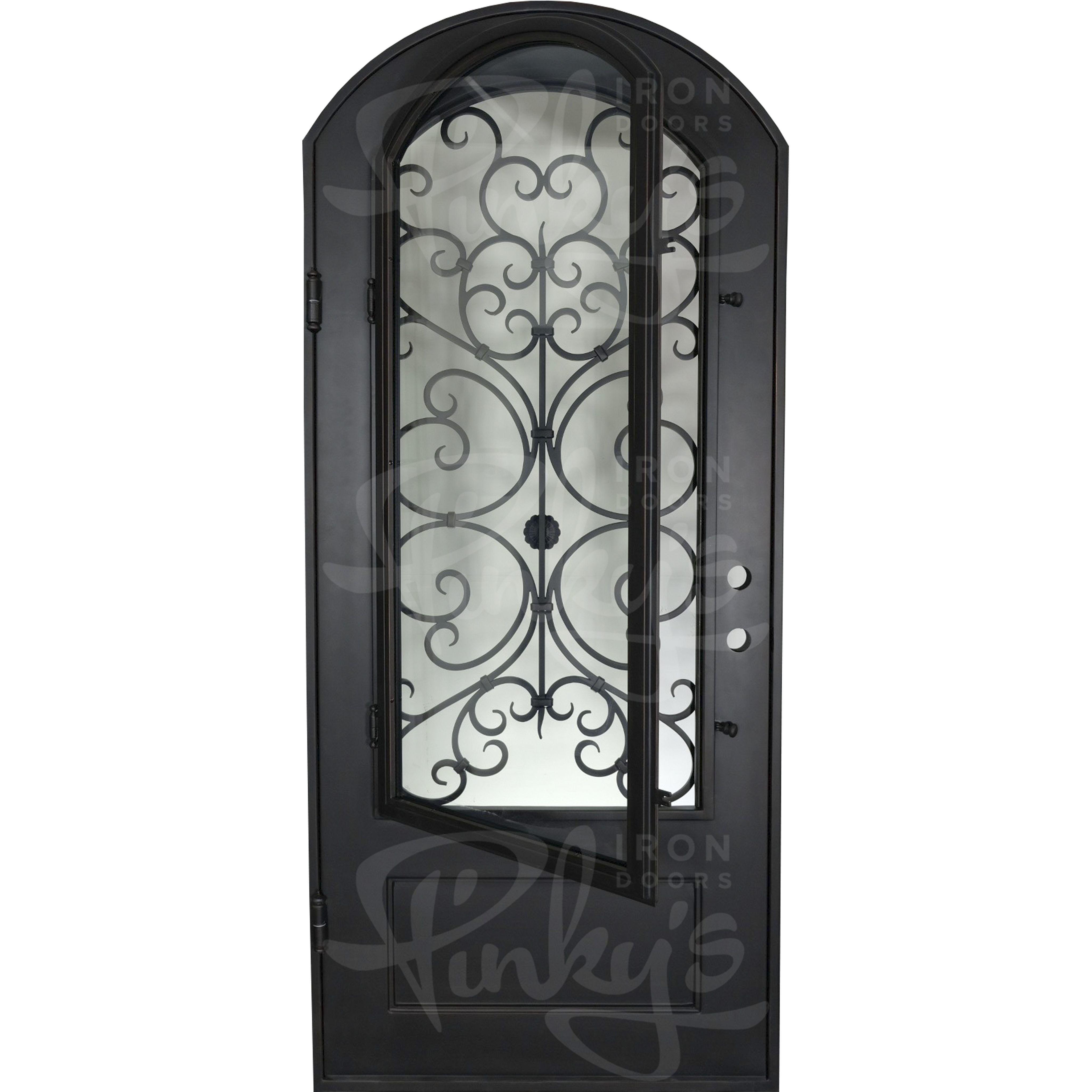 Night soft arch top swinging door with ornate metalwork for cold weather.