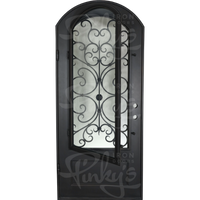 Single entryway door with a thick iron frame and intricate iron detailing behind a 3/4 pane of glass. Door features a slight arch and is thermally broken to protect from extreme weather.
