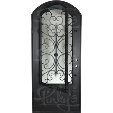 Load image into Gallery viewer, Single entryway door with a thick iron frame and intricate iron detailing behind a 3/4 pane of glass. Door features a slight arch and is thermally broken to protect from extreme weather.