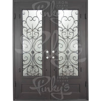 Double entryway doors made with a thick steel and iron frame. Doors have a 3/4 panel of glass behind an intricate iron design and are thermally broken to protect from extreme weather.