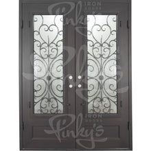 Load image into Gallery viewer, Double entryway doors made with a thick steel and iron frame. Doors have a 3/4 panel of glass behind an intricate iron design and are thermally broken to protect from extreme weather.