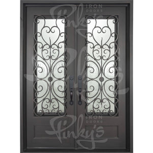 Double entryway doors made with a thick steel and iron frame. Doors have a 3/4 panel of glass behind an intricate iron design and are thermally broken to protect from extreme weather.