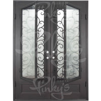 Double entryway doors made with a thick steel and iron frame. Doors have a 3/4 panel of glass behind an intricate iron design and are thermally broken to protect from extreme weather.