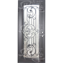 Load image into Gallery viewer, Single entryway door with a thick iron and steel frame and a full pane of glass behind intricate iron detailing. Door is thermally broken to protect from extreme weather. 