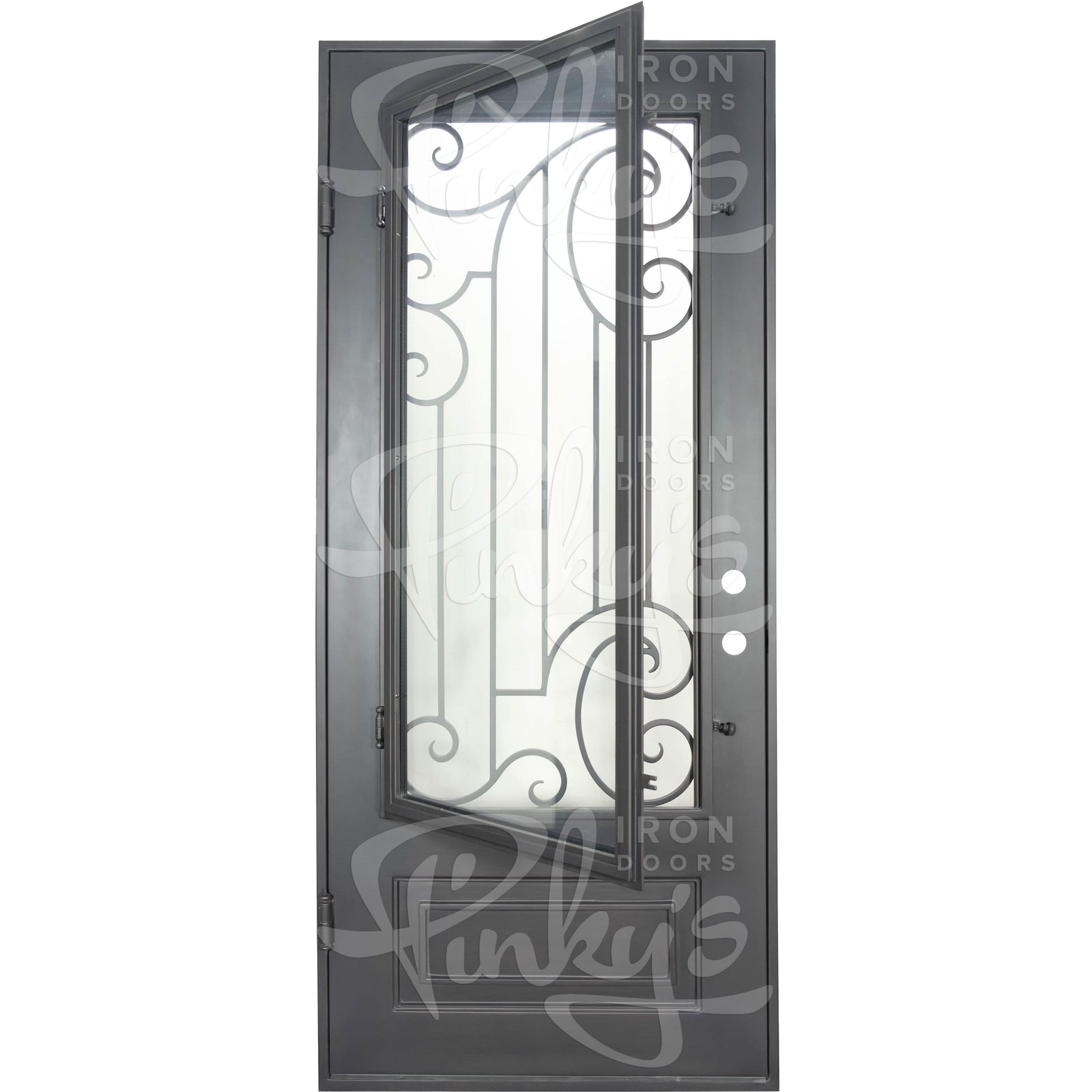 Piano Pre-hung bronze color iron flat top single door with operable glass panel.