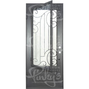 Piano Pre-hung bronze color iron flat top single door with operable glass panel.