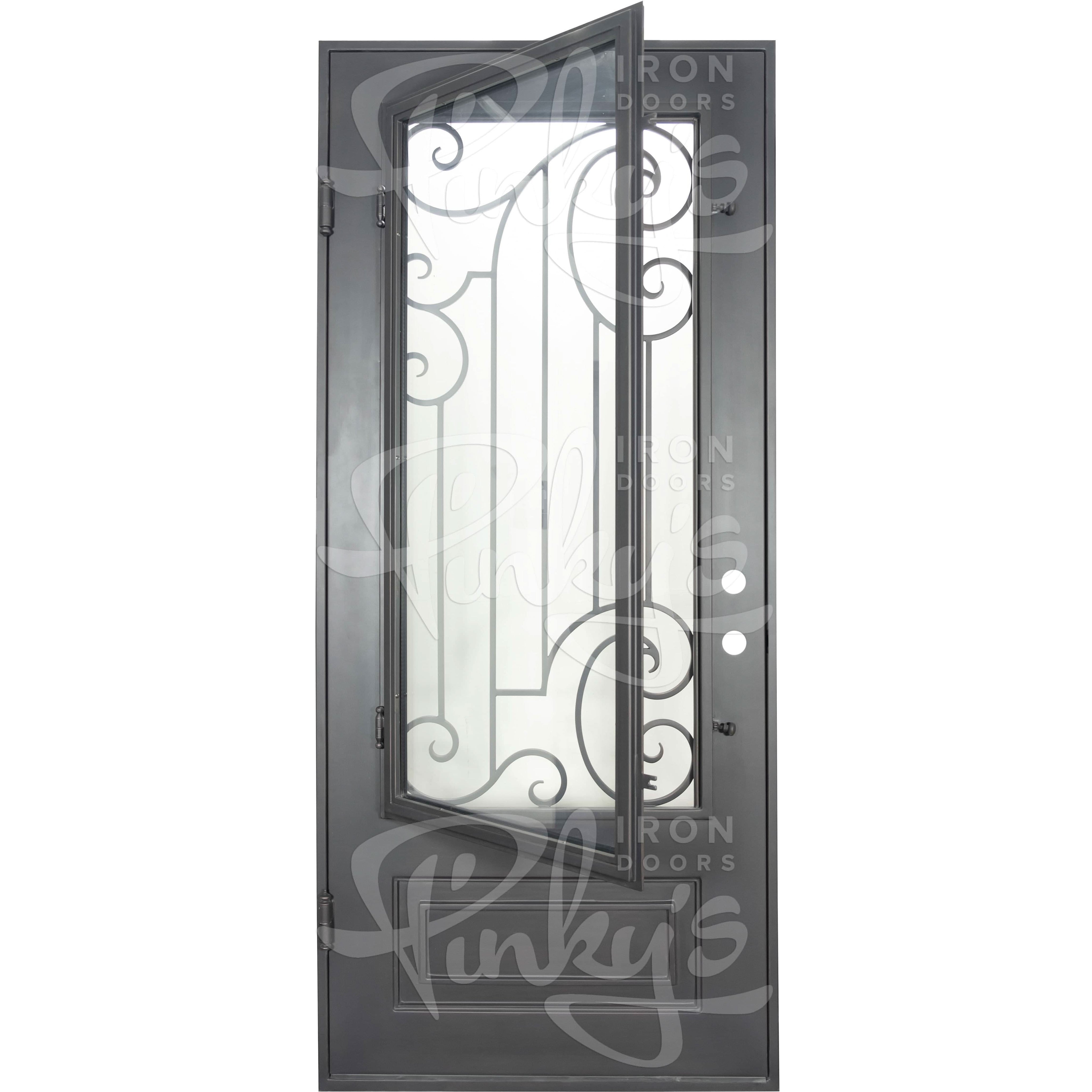 Piano Pre-hung bronze color iron flat top single door with operable glass panel.