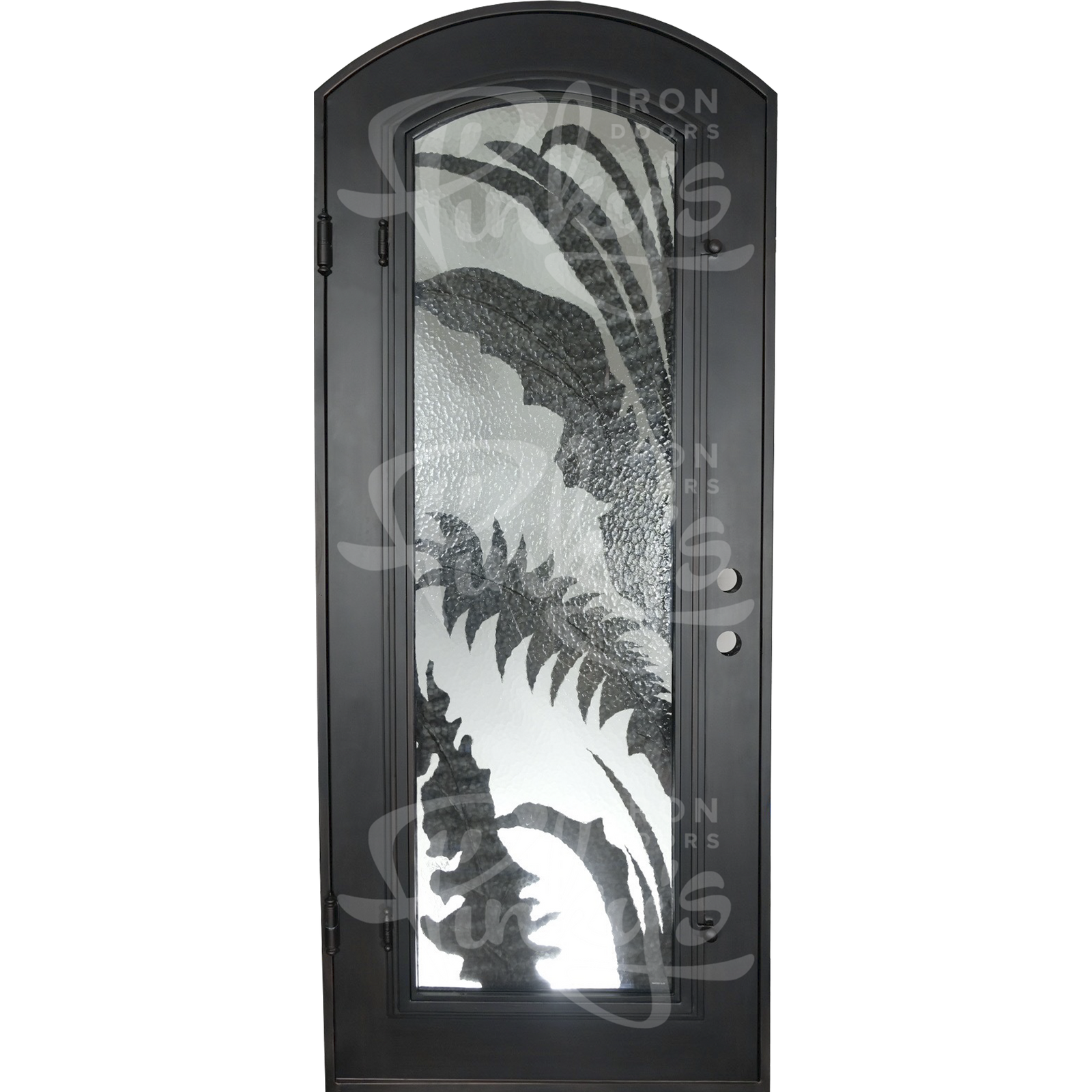 Palm single arch top hinged door with decorative scrollwork in bronze color.