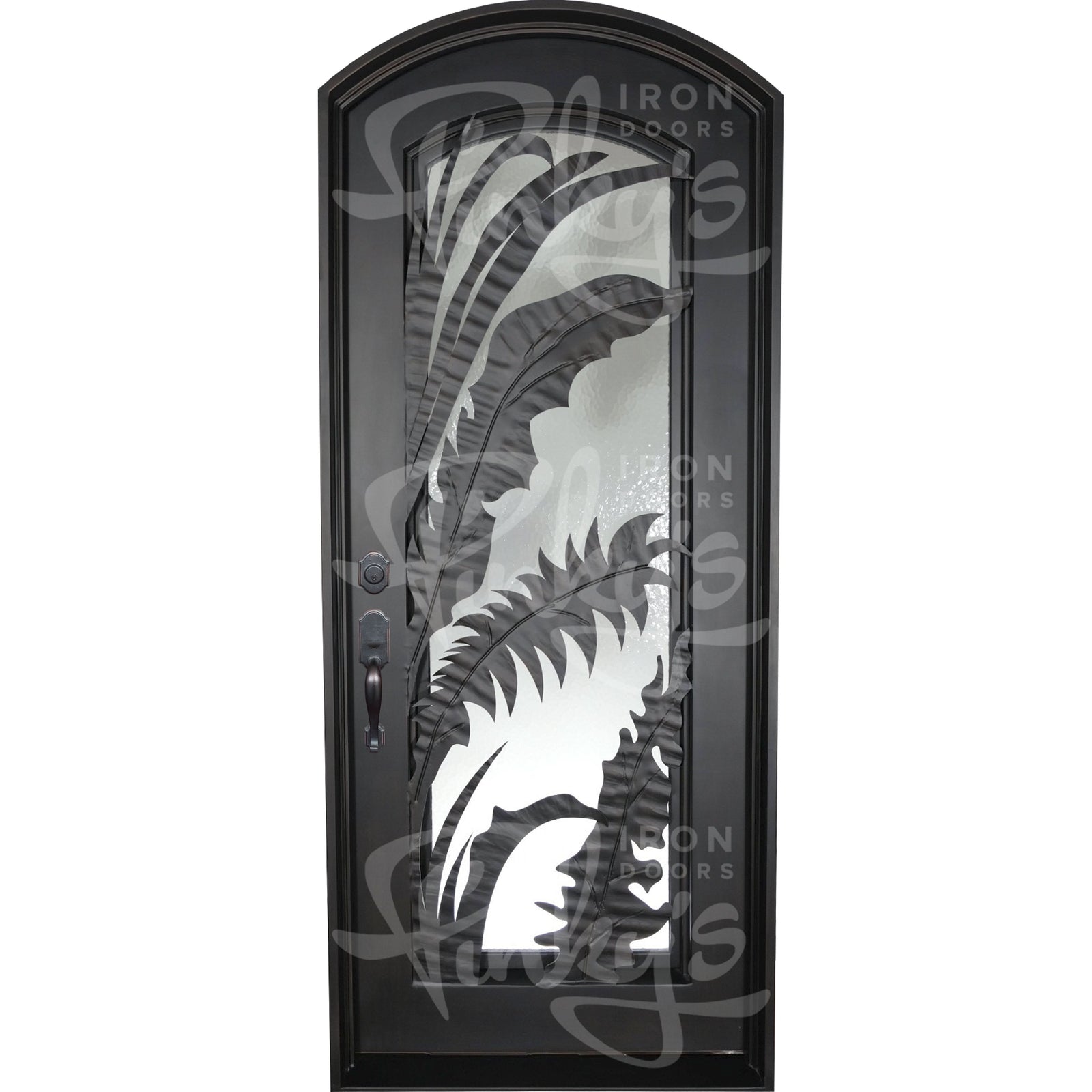 Palm single soft arch top entry door with glass panel and ornate metalwork.