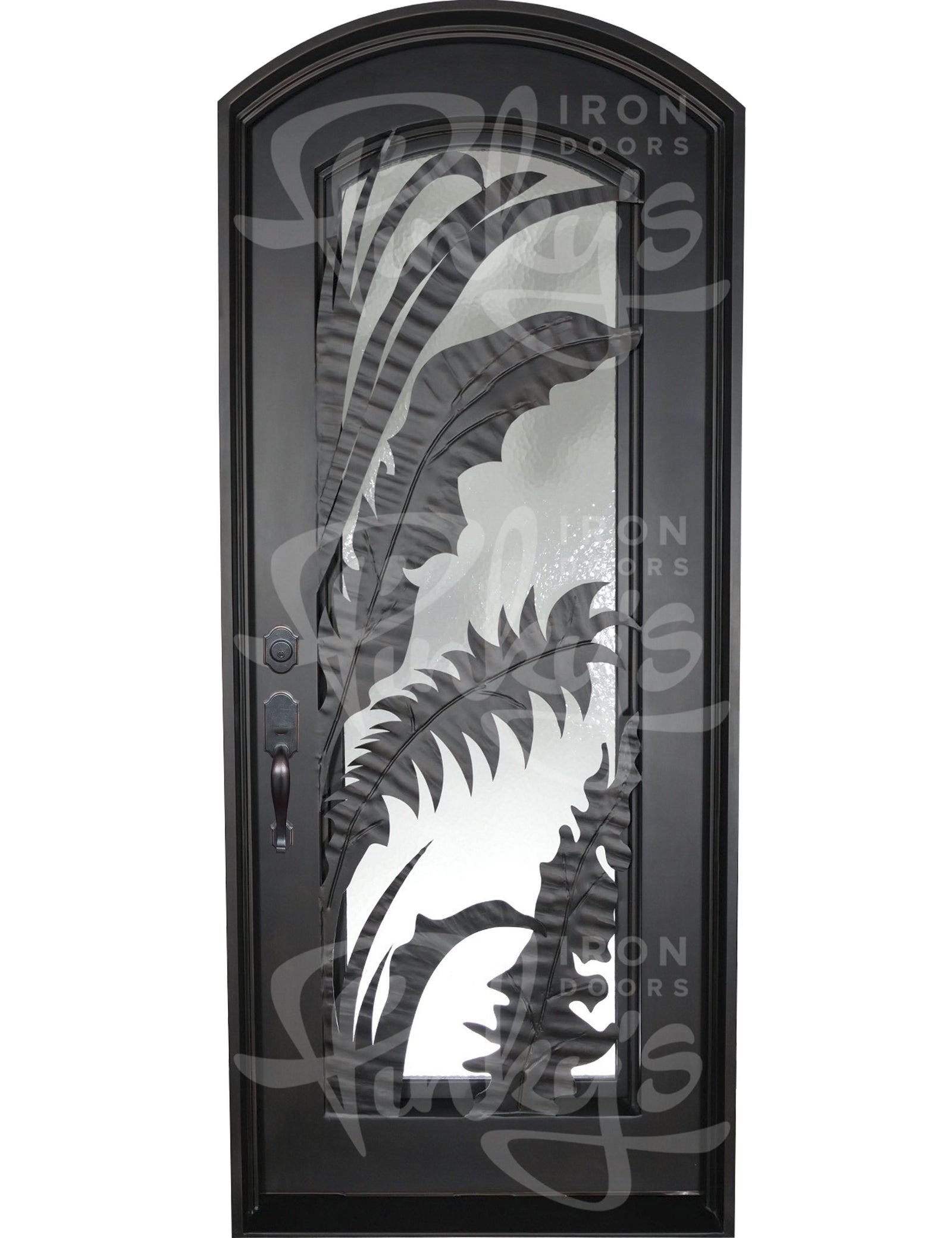 Palm single soft arch top entry door with glass panel and ornate metalwork.