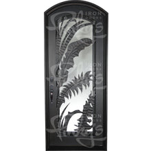 Load image into Gallery viewer, Single entryway door with a thick iron and steel frame and a full pane of glass behind intricate iron detailing.
