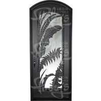 Single exterior door made with a thick iron frame and a full panel of glass behind palm-leaf cutouts. Door is thermally broken to protect from extreme weather.