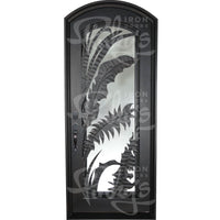 Single exterior door made with a thick iron frame and a full panel of glass behind palm-leaf cutouts. Door is thermally broken to protect from extreme weather.