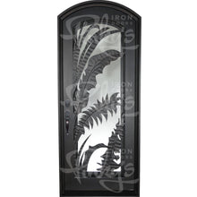Load image into Gallery viewer, Single exterior door made with a thick iron frame and a full panel of glass behind palm-leaf cutouts. Door is thermally broken to protect from extreme weather.