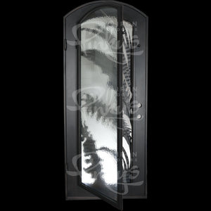Single exterior door made with a thick iron frame and a full panel of glass behind palm-leaf cutouts. Door is thermally broken to protect from extreme weather.