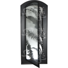 Load image into Gallery viewer, Single entryway door with a thick iron and steel frame and a full pane of glass behind intricate iron detailing.