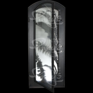 Single entryway door with a thick iron and steel frame and a full pane of glass behind intricate iron detailing.