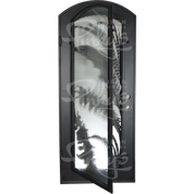 Palm arch top swinging door with intricate metal design for cold climates.