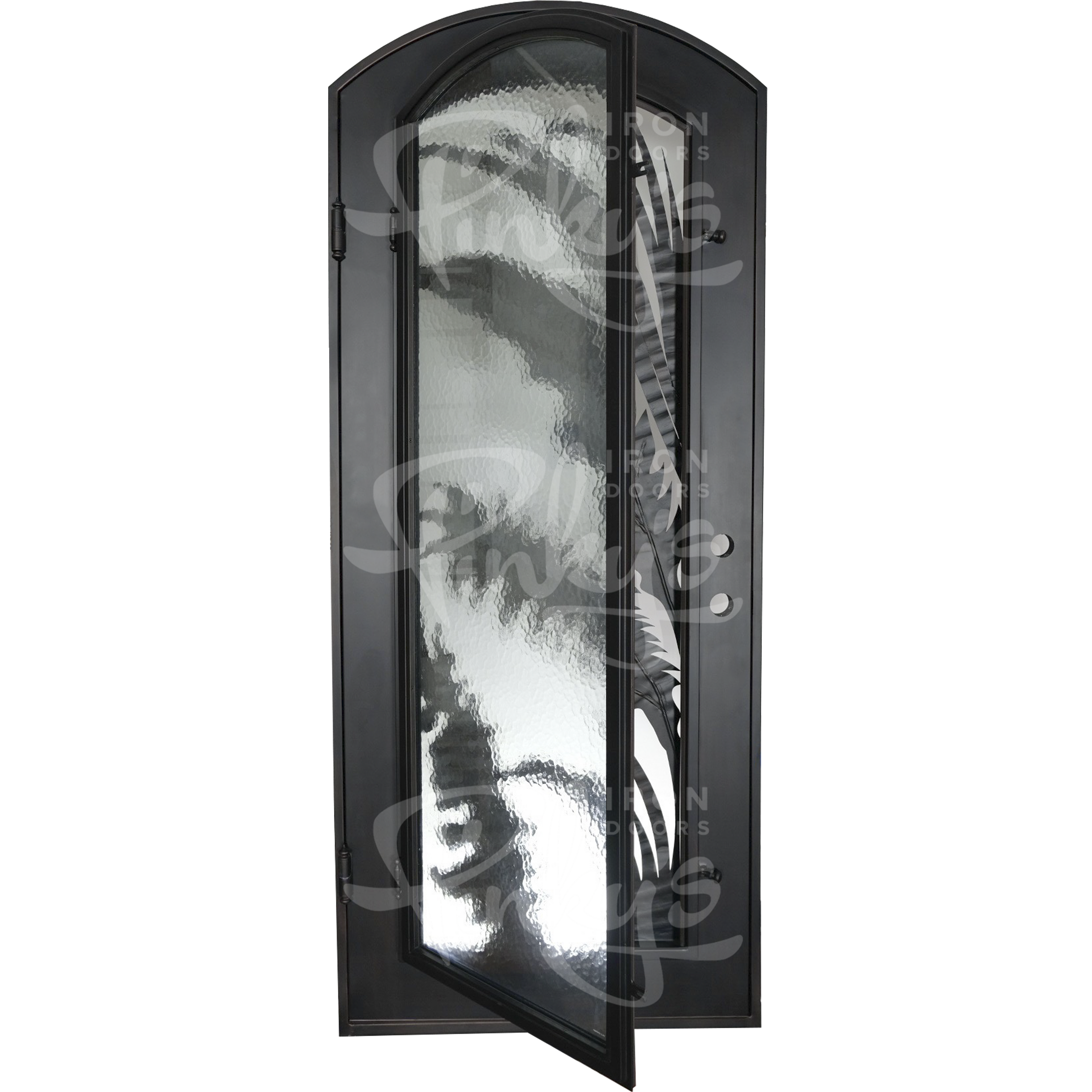 Palm arch top swinging door with intricate metal design for cold climates.