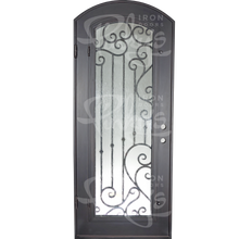 Load image into Gallery viewer, Single entryway door with a thick iron and steel frame and a full pane of glass behind intricate iron detailing.