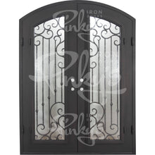 Load image into Gallery viewer, Double entryway doors with a thick iron and steel frame and a full pane of glass behind intricate iron detailing.