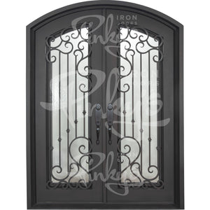 Double entryway doors with a thick iron frame. Doors feature a full panel of glass behind iron detailing and are thermally broken to protect from extreme weather.