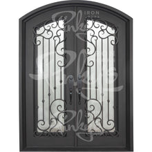 Load image into Gallery viewer, Double entryway doors with a thick iron and steel frame and a full pane of glass behind intricate iron detailing.