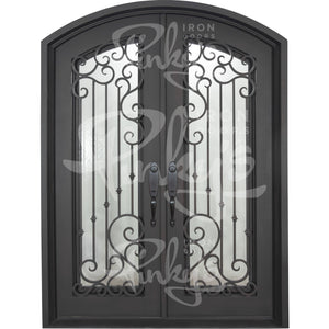 Double entryway doors with a thick iron and steel frame and a full pane of glass behind intricate iron detailing.