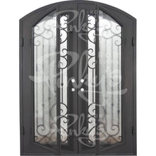 Load image into Gallery viewer, Double entryway doors with a thick iron frame. Doors feature a full panel of glass behind iron detailing and are thermally broken to protect from extreme weather.