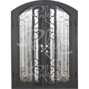 Double entryway doors with a thick iron and steel frame and a full pane of glass behind intricate iron detailing.