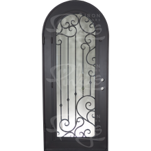 Load image into Gallery viewer, Single entryway door with a thick iron and steel frame and a full pane of glass behind intricate iron detailing.