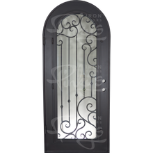 Load image into Gallery viewer, Single entryway door with a thick iron frame. Door features a full panel of glass behind iron detailing and is thermally broken to protect from extreme weather.