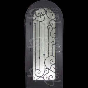 Single entryway door with a thick iron frame. Door features a full panel of glass behind iron detailing and is thermally broken to protect from extreme weather.