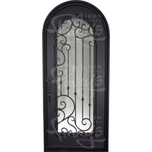 Load image into Gallery viewer, Single entryway door with a thick iron and steel frame and a full pane of glass behind intricate iron detailing.