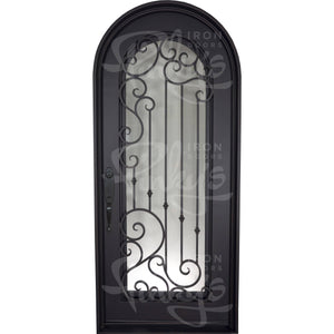 Single entryway door with a thick iron and steel frame and a full pane of glass behind intricate iron detailing.