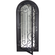 Load image into Gallery viewer, Single entryway door with a thick iron frame. Door features a full panel of glass behind iron detailing and is thermally broken to protect from extreme weather.