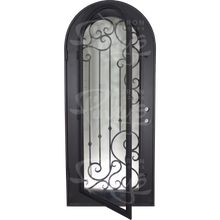 Load image into Gallery viewer, Single entryway door with a thick iron and steel frame and a full pane of glass behind intricate iron detailing.