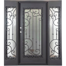 Load image into Gallery viewer, Single entryway door with a thick iron frame and sidelights. Door features a full panel of glass behind iron detailing and is thermally broken to protect from extreme weather.